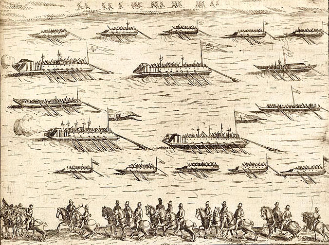 Patroullerende schepen op de Rijn in 1580