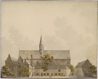 Gezicht op de binnenplaats van de kostschool en de noordgevel van de Janskerk aan de Jansstraat te Haarlem in 1822