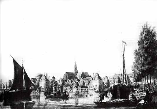 Het Spaarne en Haarlem met poortgebouw vanuit het noorden