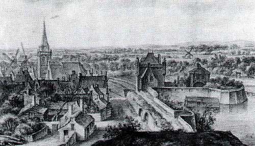Op dit werk van Waterloo is het Zijlklooster en de Zijlpoort in Haarlem zichtbaar