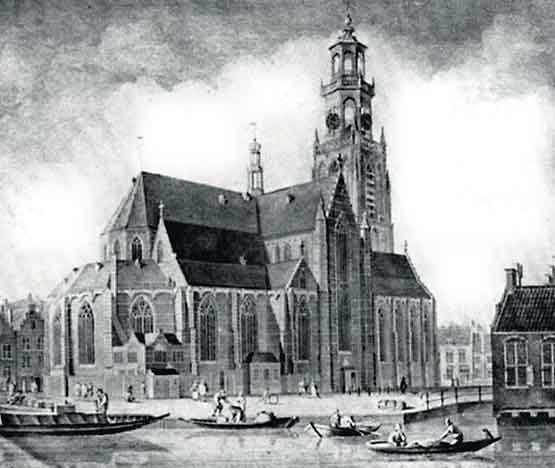 Laurenskerk Rotterdam met spits rond 1640, gezien vanaf het Leidse veer en de Groenmarkt