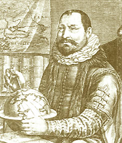 Jodocus Hondius met zijn  globe, de wereld in kaart gebracht