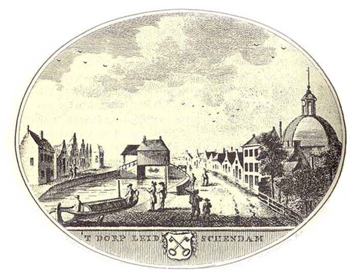 Leidschendam, met rechts Stompwijk en de hervormde kerk, en links Veur dat bezit was van de familie Van Wassenaer